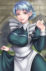 Rule 34 | 1girl, alt text, artist name, blue hair, braid, breasts, brown eyes, dress, fire emblem, fire emblem: three houses, grin, jackary, large breasts, light blue hair, lips, looking to the side, maid, maid headdress, marianne von edmund, nintendo, short hair, smile, solo, wide hips