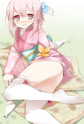 Rule 34 | 1girl, ass, bad id, bad pixiv id, blush, bottle, dress, flower, hair flower, hair ornament, japanese clothes, kimono, leg up, long sleeves, looking at viewer, lying, no panties, no shoes, obi, on side, oouso, open mouth, original, pink dress, pink eyes, pink hair, pink skirt, sake bottle, sash, skirt, solo, spilling, thighhighs, white thighhighs, wide sleeves