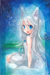 Rule 34 | 1girl, animal ears, bare shoulders, blue eyes, bow, hair bow, long hair, mosho, open mouth, original, painting (medium), signature, sitting, skirt, solo, tail, traditional media, water, watercolor (medium), white hair, white skirt
