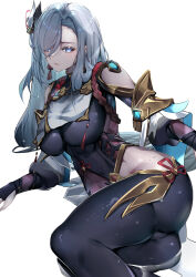 Rule 34 | 1girl, absurdres, artist name, black bodysuit, blue eyes, bodysuit, breast curtain, breasts, clothing cutout, commentary, covered navel, dated, earrings, genshin impact, grey hair, hair over one eye, highres, hip vent, jewelry, large breasts, liuyun baihua, long hair, looking at viewer, parted lips, shenhe (genshin impact), shoulder cutout, simple background, solo, tassel, tassel earrings, wet, white background