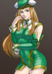 Rule 34 | 1girl, artist request, bare shoulders, blonde hair, bodysuit, breasts, covered erect nipples, covered navel, detached sleeves, dress, freya (valkyrie profile), green dress, green eyes, hat, highres, large breasts, long hair, looking at viewer, shiny clothes, shiny skin, short dress, skin tight, solo, valkyrie profile (series), very long hair