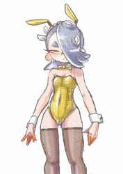 Rule 34 | 1girl, alternate costume, blue hair, bow, bowtie, covered navel, cowboy shot, detached collar, ear piercing, fishnet thighhighs, fishnets, leotard, naito gambo, nintendo, piercing, playboy bunny, rabbit ears, red eyes, shiver (splatoon), sketch, solo, splatoon (series), splatoon 3, tentacle hair, thighhighs, white background, wrist cuffs