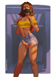 Rule 34 | 1girl, absurdres, backpack, bag, bare shoulders, black mask, blanclauz, blue shorts, border, breasts, brown hair, cleavage, earrings, erection, feet out of frame, futanari, green eyes, hands up, highres, index finger raised, jewelry, mask, medium breasts, medium hair, midriff, mouth mask, navel, nina (blanclauz), off-shoulder shirt, off shoulder, original, penis, red bag, shadow, shirt, shorts, solo, standing, testicles, twitter username, white border, yellow shirt