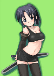Rule 34 | 1girl, arms behind back, player character (mabinogi), black hair, black thighhighs, blue eyes, blush, breasts, character request, cleavage, crop top, detached sleeves, dual wielding, holding, ikujitto, mabinogi, midriff, miniskirt, navel, pencil skirt, ponytail, skirt, smile, solo, strap slip, sword, tank top, thighhighs, underboob, weapon, zettai ryouiki