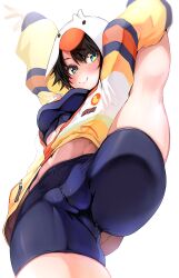 Rule 34 | 1girl, arms up, black hair, black shorts, blush, breasts, cameltoe, cleft of venus, closed mouth, from below, green eyes, highres, hololive, hood, hood up, hoodie, kajimakoto, kneepits, long sleeves, medium breasts, navel, oozora subaru, short hair, shorts, simple background, smile, solo, sports bra, standing, standing on one leg, virtual youtuber, white background