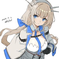 1girl absurdres between_breasts bigkwl black_gloves blue_bow blue_capelet blue_eyes blue_necktie bow braid breasts capelet dated dress gloves grey_capelet grey_dress hair_bow headgear highres kantai_collection large_breasts light_brown_hair long_hair low_twintails maryland_(kancolle) multicolored_capelet necktie necktie_between_breasts pleated_dress radio_antenna side_braids solo twintails twitter_username white_background