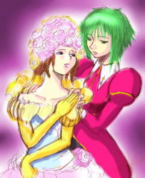 Rule 34 | 2girls, androgynous, asellus (saga frontier), brown hair, cowboy shot, dress, elbow gloves, eye contact, flower, gloves, green hair, half-closed eyes, it man, juliet sleeves, long sleeves, looking at another, multiple girls, princess white rose, puffy long sleeves, puffy sleeves, rose, saga, saga frontier, short hair, upper body, yellow dress, yuri