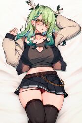 Rule 34 | 1girl, absurdres, antlers, blush, braid, braided bangs, branch, breasts, ceres fauna, choker, cleavage cutout, clothing cutout, flower, gradient hair, green hair, green nails, hair flower, hair ornament, highres, hololive, hololive english, horns, large breasts, long hair, mole, mole under eye, multicolored hair, nail polish, paid reward available, panties, red panties, solo, thighhighs, thighs, underwear, variant set, varniskarnis, virtual youtuber, yellow eyes