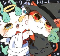 Rule 34 | 10s, angel, angel wings, bad id, bad pixiv id, cat, cheek-to-cheek, fang, flame-tipped tail, halloween, halo, hat, heads together, jibanyan, komasan, looking at viewer, matsurinra, no humans, notched ear, one eye closed, open mouth, smile, trick or treat, wings, witch hat, traditional youkai, youkai watch