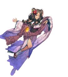 Rule 34 | 1girl, animal ears, braid, breasts, brown hair, chyko, dark-skinned female, dark skin, facial mark, fingernails, fire emblem, fire emblem awakening, fire emblem heroes, floating, floating object, floral print, flower, full body, gradient clothes, highres, japanese clothes, kimono, leg up, long hair, long sleeves, looking away, medium breasts, nintendo, non-web source, obi, official art, panne (fire emblem), panne (new year) (fire emblem), rabbit ears, red eyes, sandals, sash, solo, stone, tabi, transparent background, turtleneck, twin braids, twintails, wide sleeves, zouri
