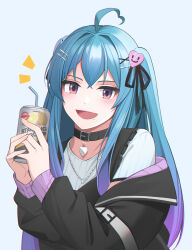 Rule 34 | 1girl, :d, absurdres, ahoge, beer can, black collar, black jacket, black ribbon, blue hair, blush, can, collar, commentary request, debi, drink, drink can, drinking straw, gradient hair, hair ornament, hair ribbon, hairclip, highres, holding, holding can, holding drink, indie virtual youtuber, jacket, long hair, long sleeves, multicolored clothes, multicolored hair, multicolored jacket, open mouth, purple eyes, purple hair, purple jacket, ribbon, short sleeves, smile, solo, two-tone jacket, upper body, virtual youtuber, wananaki rero, x hair ornament