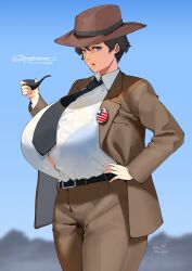 Rule 34 | 1girl, belt, black hair, black necktie, blue eyes, blue sky, blurry, blurry background, bra visible through clothes, breasts, brown pants, brown suit, collared shirt, commentary, curvy, dated, english commentary, fedora, formal, genderswap, genderswap (mtf), gigantic breasts, hand on own hip, hat, highres, holding, holding smoking pipe, julius robert oppenheimer, lulu-chan92, necktie, oppenheimer (movie), pants, pin, pun, shirt, short hair, sky, smoking pipe, solo, standing, suit, thick thighs, thighs, tomboy, white shirt