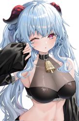 Rule 34 | 1girl, :o, alternate hairstyle, arm up, armpit crease, armpits, bad id, bad twitter id, bare shoulders, bell, belt collar, black bra, black choker, black sleeves, blue hair, bra, breasts, choker, cleavage, cleavage cutout, clothing cutout, collar, cowbell, detached sleeves, ganyu (genshin impact), genshin impact, goat horns, hair between eyes, highres, horns, lace trim, large breasts, long hair, looking at viewer, midriff, midriff peek, navel, neck bell, one eye closed, open mouth, parted lips, puffy sleeves, purple eyes, red horns, rubbing eyes, stomach, twintails, ueng, underwear, upper body