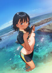 Rule 34 | 1girl, beach, black hair, blue eyes, blue sky, blush, breasts, clothes lift, cloud, cloudy sky, commentary request, day, fingernails, grin, highres, horizon, lifted by self, looking at viewer, nail polish, navel, nipples, ocean, one-piece tan, original, outdoors, partially submerged, pink nails, ripples, scenery, shamonabe, short hair, sky, small breasts, smile, solo, summer, swimsuit, swimsuit lift, tan, tanline, teeth, water, wet