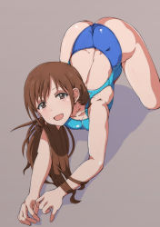 Rule 34 | 10s, 1girl, all fours, ass, bad id, bad pixiv id, blue one-piece swimsuit, brown eyes, brown hair, competition swimsuit, idolmaster, idolmaster cinderella girls, idolmaster cinderella girls starlight stage, li@ (rikku04), long hair, looking at viewer, nitta minami, one-piece swimsuit, open mouth, solo, swimsuit