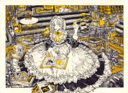 Rule 34 | 1girl, apron, black dress, book, book stack, border, dress, frilled apron, frills, highres, holding, holding pen, kitamurashu, long sleeves, looking at viewer, maid, maid headdress, monochrome, open book, open mouth, original, outside border, pen, ribbon, rug, solo, spot color, twintails, white apron, white border, white hair, wide shot, yellow eyes, yellow nails, yellow ribbon