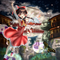 Rule 34 | 1girl, armpits, ascot, bow, breasts, brown eyes, brown hair, detached sleeves, dress, hair bow, hair tubes, hakurei reimu, hidden star in four seasons, no bra, nontraditional miko, open mouth, red dress, see-through, see-through sleeves, shounen (hogehoge), sleeveless, sleeveless dress, small breasts, touhou, transparent sleeves