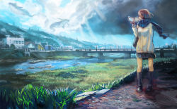 Rule 34 | 1girl, bag, black footwear, blue scarf, boots, breath, bridge, brown hair, building, cloud, cloudy sky, day, dragon, eastern dragon, grass, handbag, highres, hill, knee boots, landscape, long sleeves, looking away, looking to the side, okuto, original, outdoors, pantyhose, path, road, rock, rubber boots, scarf, scenery, school uniform, skirt, sky, solo, storm, stream, sweater, tree, video camera, water, wind, yellow pantyhose