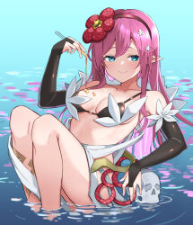 Rule 34 | 1girl, bare shoulders, blue eyes, blush, breasts, bridal gauntlets, cleavage, duel monster, flower, hair flower, hair ornament, highres, long hair, looking at viewer, medium breasts, navel, partially submerged, pink hair, pointy ears, shidoh279, smile, solo, traptrix rafflesia, very long hair, yu-gi-oh!