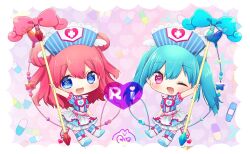 Rule 34 | 2girls, :d, ;d, arm up, blue bow, blue dress, blue eyes, blue footwear, blue hair, boots, bow, chibi, commentary request, cross, double bun, dress, full body, hair bun, hat, heart, heart in eye, holding, intravenous drip, kiratto pri chan, knee boots, long hair, looking at viewer, multiple girls, nurse, nurse cap, one eye closed, open mouth, pill, pink bow, pink eyes, pink hair, player character (kiratto pri chan), pretty series, puffy short sleeves, puffy sleeves, rin (ikura meshi), short sleeves, signature, smile, standing, star (symbol), star in eye, symbol in eye, syringe, twintails