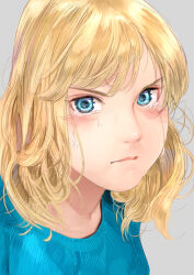 Rule 34 | 1girl, blonde hair, blue eyes, blue sweater, blush, closed mouth, commentary request, crying, crying with eyes open, curly hair, grey background, highres, long hair, looking at viewer, original, simple background, solo, sweater, tears, torii yoshitsuna
