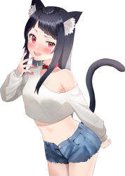 Rule 34 | 1girl, animal ear fluff, animal ears, black hair, blue shorts, blush, cat ears, cat girl, cat tail, collar, commentary, crop top, denim, denim shorts, highres, kubong, leaning forward, long hair, long sleeves, looking at viewer, midriff, nail polish, navel, off shoulder, open mouth, original, puffy long sleeves, puffy sleeves, red collar, red eyes, red nails, saliva, shirt, short shorts, shorts, simple background, sleeves past wrists, solo, tail, teeth, uneven eyes, upper teeth only, very long hair, white background, white shirt