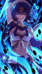 Rule 34 | 1girl, absurdres, arm up, artist name, bare shoulders, blue eyes, candace (genshin impact), crop top, dark-skinned female, dark skin, detached sleeves, female focus, genshin impact, gold trim, heterochromia, highres, holding, holding shield, jewelry, junebuart, long hair, looking to the side, midriff, neck ring, open mouth, purple eyes, shield, solo, standing, yellow eyes