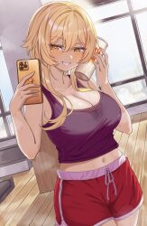 Rule 34 | 1girl, absurdres, alternate breast size, bare shoulders, blonde hair, blush, breasts, cleavage, collarbone, cup, genshin impact, gym, hair between eyes, hair ornament, highres, holding, holding cup, holding phone, large breasts, looking at viewer, lumine (genshin impact), navel, o-los, phone, shirt, short hair with long locks, shorts, sidelocks, smile, solo, sweat, yellow eyes