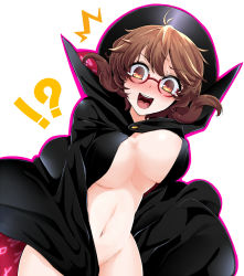 Rule 34 | !?, 1girl, aged up, blush, breasts, brown eyes, brown hair, cape, commentary request, cowboy shot, embarrassed, glasses, highres, large breasts, looking at viewer, naked cape, navel, open mouth, red-framed eyewear, rihito (usazukin), semi-rimless eyewear, simple background, solo, surprised, tears, teeth, touhou, under-rim eyewear, upper teeth only, usami sumireko, white background