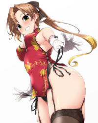Rule 34 | 1girl, akigumo (kancolle), akigumo kai ni (kancolle), alternate costume, black dress, black panties, black ribbon, breasts, brown hair, china dress, chinese clothes, commentary request, covered erect nipples, dress, elbow gloves, from below, garter belt, gloves, green eyes, hair ribbon, highres, kantai collection, long hair, mole, mole under eye, panties, ponytail, red dress, ribbon, short dress, side-tie panties, sleeveless, sleeveless dress, small breasts, solo, standing, thighhighs, two-tone ribbon, underwear, white gloves, white ribbon, yoshi tama
