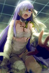 Rule 34 | 1girl, bandage over one eye, bandaged arm, bandaged hand, bandaged head, bandaged leg, bandages, bound, breasts, collarbone, commentary request, echo (circa), fate/extra, fate/extra ccc, fate/extra ccc fox tail, fate/grand order, fate (series), foreshortening, hair between eyes, hair ribbon, kingprotea (fate), long hair, looking down, medium breasts, naked bandage, one eye covered, open hand, open mouth, purple eyes, purple hair, ribbon, ribbon bondage, sarashi, solo, very long hair