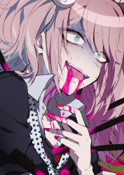 Rule 34 | 1girl, absurdres, aqua eyes, arm up, black shirt, blood, blood from mouth, blood on clothes, blood on face, blood on hands, rabbit hair ornament, collarbone, commentary, danganronpa: trigger happy havoc, danganronpa (series), enoshima junko, freckles, hair ornament, highres, ikusaba mukuro, impaled, medium hair, nail polish, necktie, nekoma hikaru, open mouth, pink blood, pink hair, red nails, shirt, short sleeves, solo, spoilers, sweat, nervous sweating, teeth, twintails, upper body, upper teeth only
