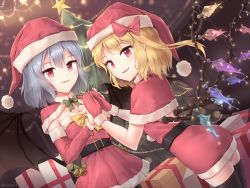 Rule 34 | 2girls, alternate costume, arm warmers, backless dress, backless outfit, bat wings, bell, belt, black legwear, blonde hair, blue hair, box, capelet, christmas tree, dress, fang, flandre scarlet, gift, gift box, hat, looking at viewer, minust, mittens, multiple girls, pantyhose, parted lips, red dress, red eyes, red headwear, remilia scarlet, santa hat, short dress, siblings, sisters, smile, sparkle, standing, star (symbol), thighhighs, touhou, wings