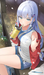 Rule 34 | 1girl, animal print, bad id, bad twitter id, bare legs, blue hair, blue shorts, blush, breasts, butterfly print, cup, drinking straw, flower, highres, holding, holding cup, idolmaster, idolmaster million live!, jacket, jersey, lesson wear (idolmaster million live!), light blue hair, long hair, looking at viewer, mouth hold, open clothes, open jacket, red jacket, shiraishi tsumugi, shirt, shorts, sitting, sleeveless, sleeveless shirt, small breasts, solo, sweatdrop, tumbler, undressing, veranda, wooden floor, yoropa