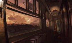 Rule 34 | 1girl, aircraft, black pantyhose, blurry, building, carrying, casual, ceiling light, chaken, chandelier, chimney, city, cityscape, coat, dark, depth of field, dirigible, facing away, from behind, half-timbered, hatsune miku, highres, holding, house, indoors, lantern, locomotive, long hair, long sleeves, looking afar, looking outside, muted color, orange sky, pantyhose, scenery, sky, skyscraper, smoke, solo, standing, suitcase, sunset, train, train interior, twintails, very long hair, vocaloid, wall lamp, window