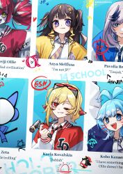 6+girls absurdres adarin ahoge anya_melfissa blonde_hair blue_background blue_eyes blue_hair brown_hair character_name english_text goggles goggles_on_head grey_hair hair_bun highres hololive hololive_indonesia kaela_kovalskia kobo_kanaeru kureiji_ollie long_hair mallet multiple_girls necktie one_eye_closed pavolia_reine purple_eyes red_eyes red_hair school_uniform smile two_side_up vestia_zeta virtual_youtuber yearbook yellow_eyes