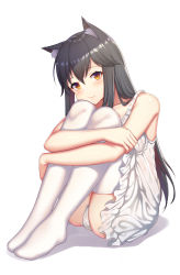 Rule 34 | 1girl, alternate costume, animal ear fluff, animal ears, arknights, ass, bad id, bad pixiv id, bare arms, bare shoulders, bencao gangmu (anquan sy), black hair, blush, brown eyes, collarbone, commentary request, dress, hair between eyes, head tilt, highres, hugging own legs, knees up, long hair, looking at viewer, no shoes, panties, pantyshot, shadow, short dress, sidelocks, simple background, sitting, smile, solo, spaghetti strap, texas (arknights), thighhighs, underwear, white background, white dress, white panties, wolf ears