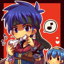 Rule 34 | !, 2boys, blue eyes, blue hair, blue shirt, blush stickers, bone, boned meat, cape, chibi, collarbone, eating, fang, fire emblem, fire emblem: path of radiance, food, green headband, headband, heart, ike (fire emblem), kotorai, male focus, marth (fire emblem), meat, multiple boys, nintendo, no nose, outline, red cape, shaded face, shirt, short hair, solid oval eyes, spoken exclamation mark, translation request, white outline