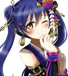 Rule 34 | 1girl, ;), alternate hairstyle, artist name, artist request, bare shoulders, blue hair, blue kimono, blush, bracelet, braid, breasts, clenched hands, collarbone, crown braid, double bun, elbow sleeves, female focus, flower, hair between eyes, hair bun, hair flower, hair ornament, hairclip, highres, japanese clothes, jewelry, kimono, long hair, looking at viewer, love live!, love live! school idol festival, love live! school idol festival all stars, love live! school idol project, obi, one eye closed, parted lips, pearl bracelet, sash, small breasts, smile, solo, sonoda umi, upper body, white background, wrist cuffs, yellow eyes