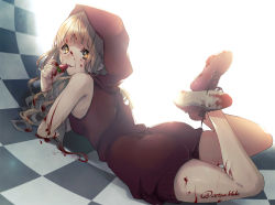 Rule 34 | 1girl, backlighting, blonde hair, blood, blood on clothes, blood on face, blood splatter, blush, boots, cetus kkk, checkered floor, eating, food, fruit, happy, holding, holding food, hood, hood up, looking at viewer, lying, on stomach, orange eyes, parted lips, red riding hood (sinoalice), sidelocks, sinoalice, solo, strawberry, wavy hair