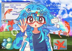 1boy absurdres adjusting_eyewear blue_hair blue_jacket blue_shirt blue_sleeves blush bubble cam_(makoanns) commentary coral dramatical_murder english_commentary english_text fish frutiger_aero hair_ornament hand_on_eyewear highres internet_explorer jacket long_sleeves looking_at_viewer male_focus microsoft_paint_(software) microsoft_windows multicolored_clothes multicolored_jacket open_mouth rainbow red-framed_eyewear seragaki_aoba shirt solo star_(symbol) star_hair_ornament starfish white_jacket yellow_eyes