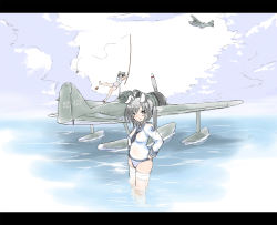 Rule 34 | 2girls, a6m zero, aircraft, airplane, animal ears, fishing, fishing rod, h8k, highres, holding, holding fishing rod, hu sea, letterboxed, military, military uniform, multiple girls, panties, rabbit girl, seaplane, smile, strike witches, striped clothes, striped panties, thighhighs, underwear, uniform, vehicle focus, wet, world war ii, world witches series