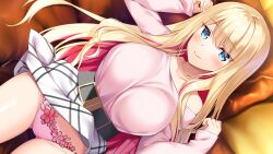 Rule 34 | 1girl, amaemi-longing for you-, bed, belt, blue eyes, blush, breasts, clothes lift, eyebrows hidden by hair, female focus, from above, game cg, highres, indoors, kusunoki iroha, large breasts, legs, long hair, looking at viewer, lying, multicolored hair, on bed, original, oryo (oryo04), panties, pantyshot, pillow, skirt, skirt lift, smile, solo, thighs, two-tone hair, underwear