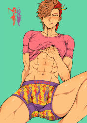 Rule 34 | 1boy, :q, abs, aqua background, arm support, briefs, clothes lift, hair over one eye, licking lips, looking at viewer, male focus, male underwear, medo kyun, muscular, sengoku basara, shima sakon (sengoku basara), shirt lift, simple background, tongue, tongue out, underwear, undressing