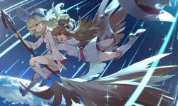 Rule 34 | 10s, 2girls, blonde hair, blue eyes, blush, boots, broom, broom riding, brown hair, cloak, commentary request, diana cavendish, dress, flying, hat, highres, hood, hug, kagari atsuko, knee boots, little witch academia, long hair, looking at viewer, multiple girls, nine (liuyuhao1992), open mouth, panties, pantyshot, red eyes, red panties, sky, smile, star (sky), star (symbol), starry sky, underwear, waist hug, witch, witch hat