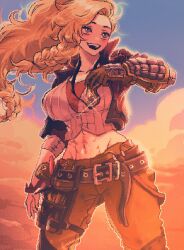 Rule 34 | 1girl, abs, absurdres, arm at side, arm up, asymmetrical hair, backlighting, belt, blonde hair, blue eyes, braid, breasts, cleavage, collared jacket, cropped jacket, cropped shirt, floating hair, gemma (monster hunter wilds), gloves, goggles, high collar, highres, holding, holding goggles, jacket, large breasts, legs apart, long hair, looking up, low-braided long hair, low-tied long hair, midriff, monster hunter (series), monster hunter wilds, navel, open clothes, open jacket, open mouth, outdoors, pants, pixel art, shirt, side braid, single bracer, single glove, smile, solo, spoiledmuffin, stomach, toned, toned female, tool belt, tools, twilight, unworn goggles, very long hair