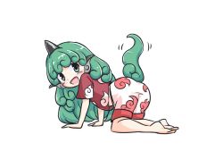 Rule 34 | 1girl, all fours, animal ears, bare legs, barefoot, cloud print, commentary request, curly hair, finger gun, full body, green eyes, green hair, horns, itatatata, komano aunn, long hair, looking at viewer, red shirt, shirt, short sleeves, shorts, simple background, single horn, smile, solo, tail, tail wagging, touhou, very long hair, white background, white shorts