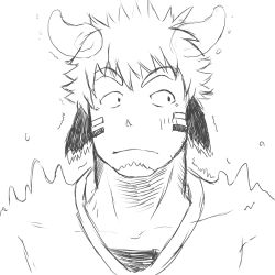 Rule 34 | 1boy, absurdres, animal ears, bara, cow boy, cow ears, cow horns, ears down, facepaint, facial hair, fiery horns, forked eyebrows, glowing horns, goatee, greyscale, highres, horns, light blush, looking at viewer, male focus, monochrome, pectorals, portrait, raised eyebrows, short hair, sketch, solo, surprised, tatatan (ts kon2), thick eyebrows, tokyo houkago summoners, upper body, wakan tanka