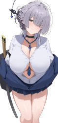 1girl black_choker blue_jacket blue_necktie blue_skirt blush breasts choker commentary_request eyes_visible_through_hair grey_eyes grey_hair hair_ornament hair_over_one_eye hair_stick highres itokonoue_kaoru jacket kakumayu large_breasts looking_at_viewer necktie one_eye_covered pleated_skirt project_kv shirt simple_background skirt smile solo standing thighs white_background white_shirt