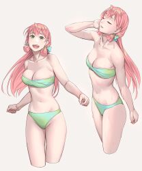 Rule 34 | 1girl, akashi (kancolle), bare arms, bare legs, bare shoulders, bikini, blush, breasts, cleavage, closed eyes, collarbone, green bikini, green eyes, grey background, highres, kantai collection, large breasts, long hair, looking at viewer, multiple views, navel, open mouth, pink hair, simple background, smile, swimsuit, yuuji (and)